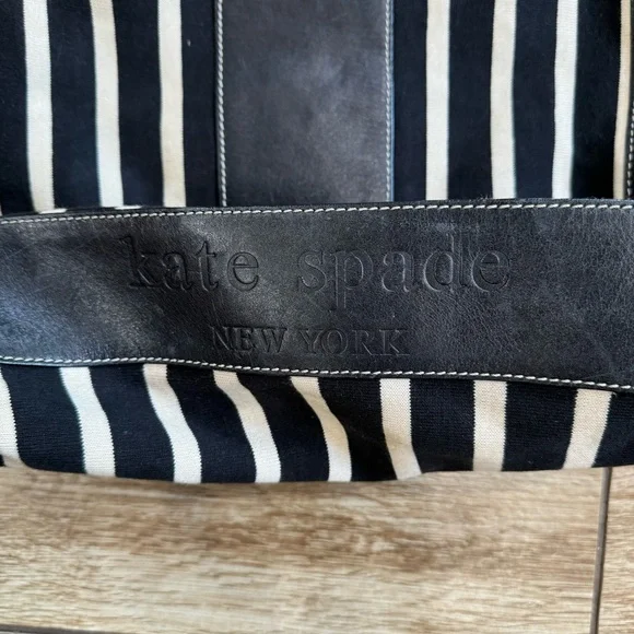 Kate Spade Griffen Tote Black Cream Stripe Cloth Leather Shoulder Bag - Picture 7 of 15